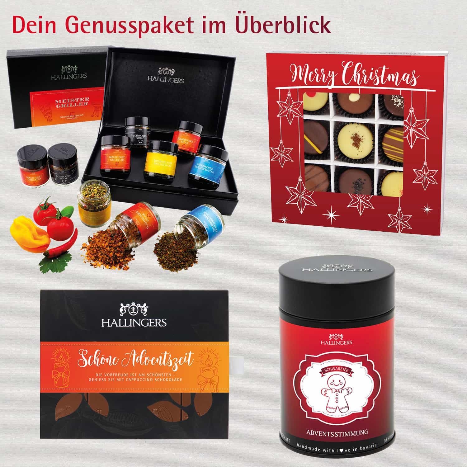 Hallingers Genuss Manufaktur Feinkost Weihnachts-Geschenk-Set - XXL-Geschenkkorb "Best of Christmas" großes Mitbringsel Schokolade, Tee, 9er Pralinen & Meistergriller-Gewürz, Weihnachten für Frauen