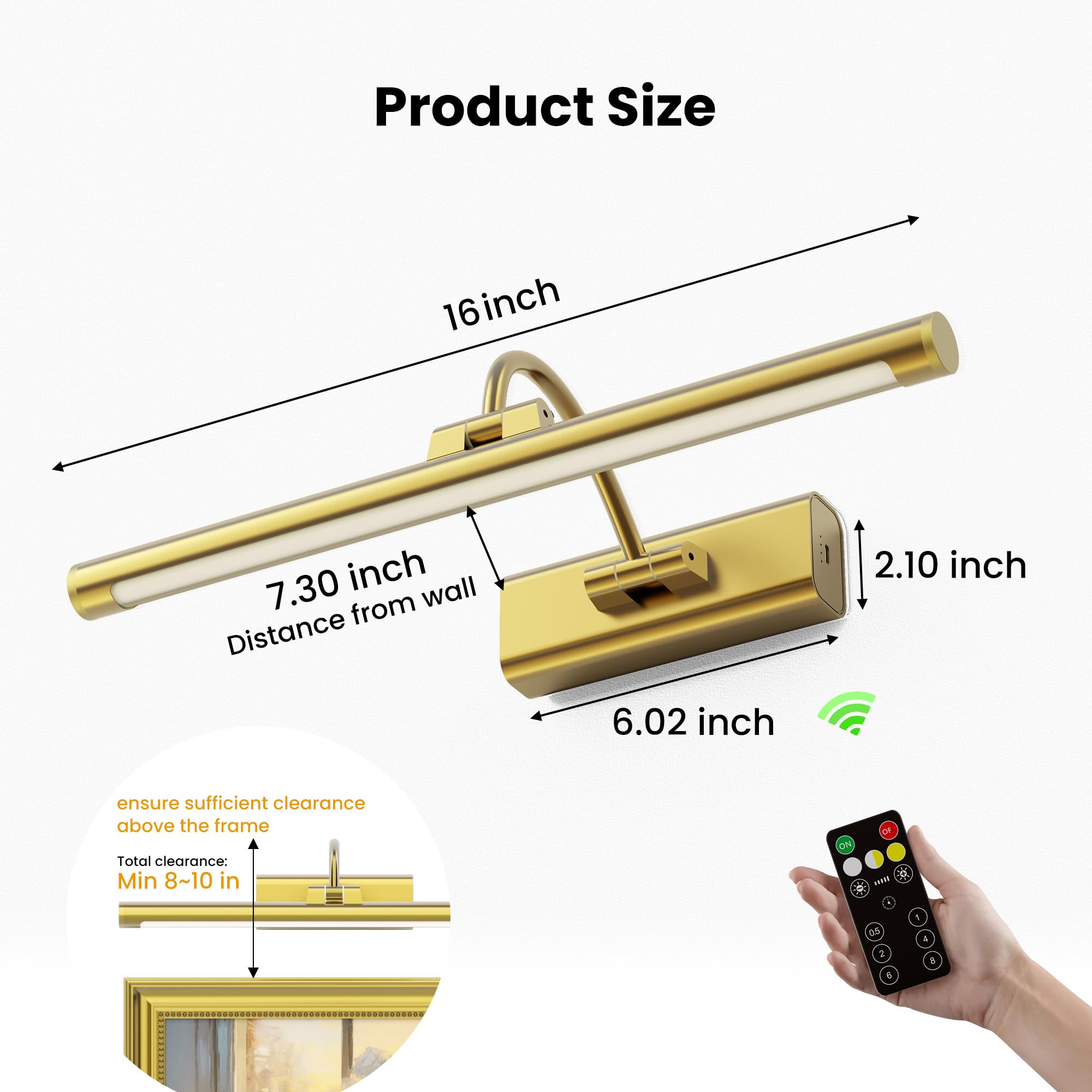 Bilderleuchten aus Messing, 40,6 cm, wiederaufladbar, batteriebetrieben, kabellose Beleuchtung für Zuhause, Galerie, Büro, Wohnzimmer und Schlafzimmer, 2 Stück