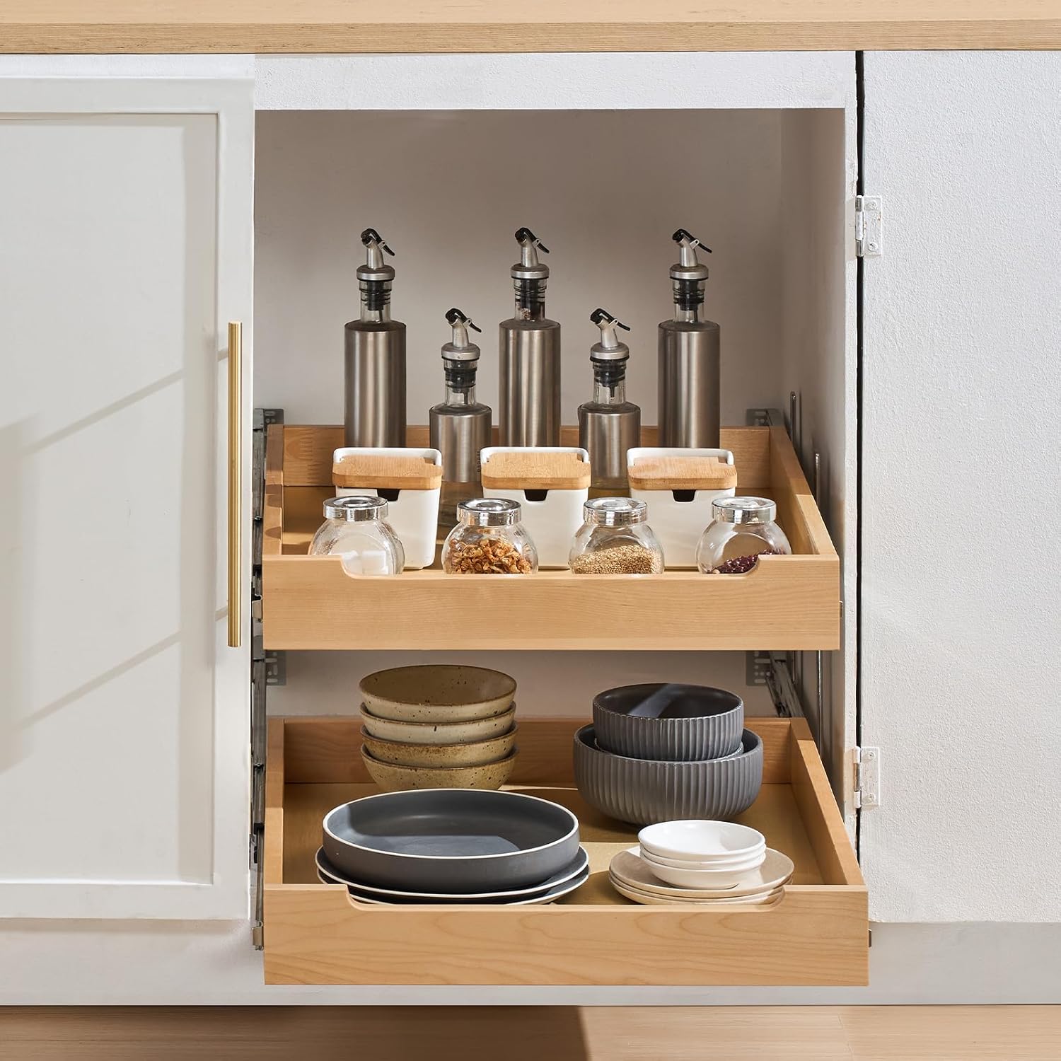 VEVOR 2 Tier Pull Out Cabinet Organizer, 20" W x 21" D Cabinet Drawer, Soft Close Slide out Shelf, Heavy-Duty Sliding Wood Drawer, Adjustable Base Cabinet Organization for Kitchen Pantry Bathroom