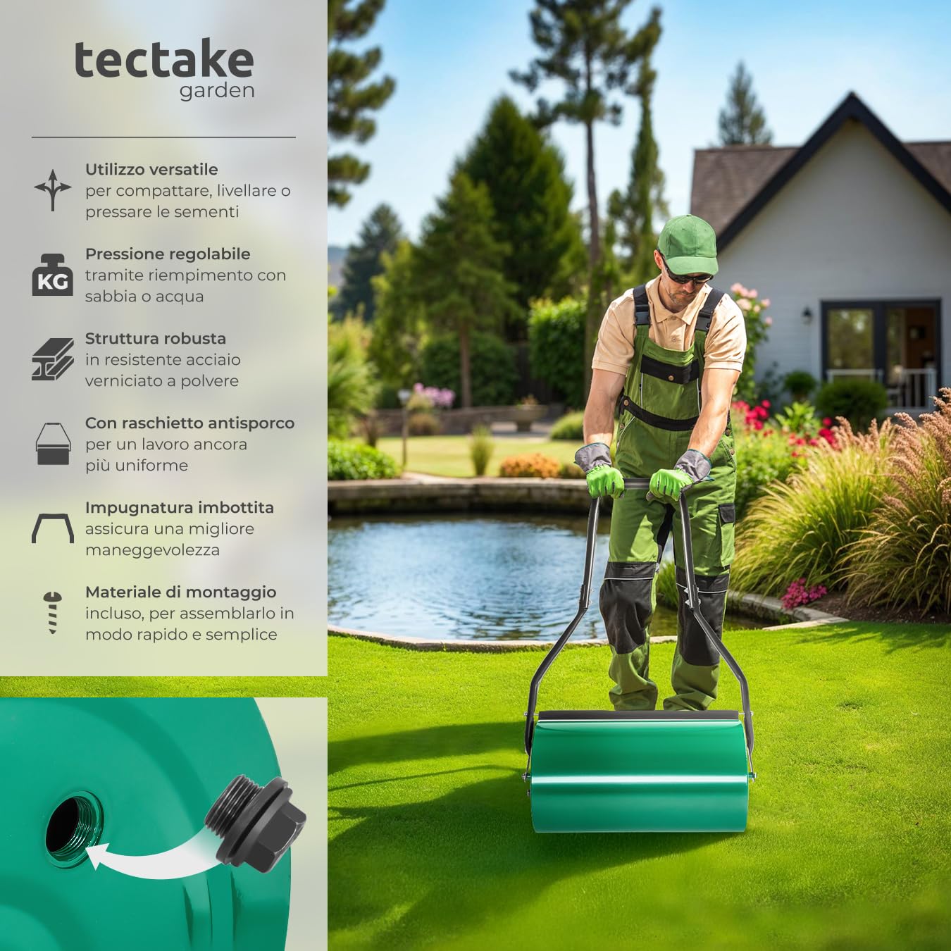 tectake® Rullo Giardino 60 cm in Metallo, Capacità 50 l, Ø 31 cm, Peso Max. 60 Kg, con Raschietto Anti Residui, Attrezzo per Prato e Aiuola, Compressore Giardino, Facile da Riempire con Sabbia o Acqua
