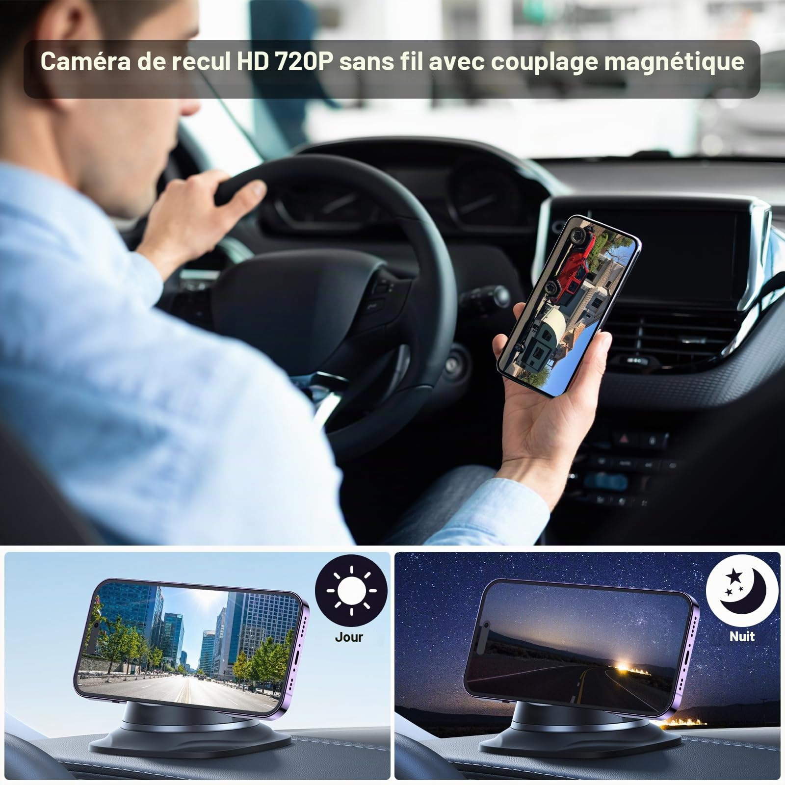 WiFi Magnetic Hitch caméra de recul sans fil à vision nocturne, batterie rechargeable, adaptée pour iPhone Android, facile à monter bras cou de cygne bateau voyage remorque RV