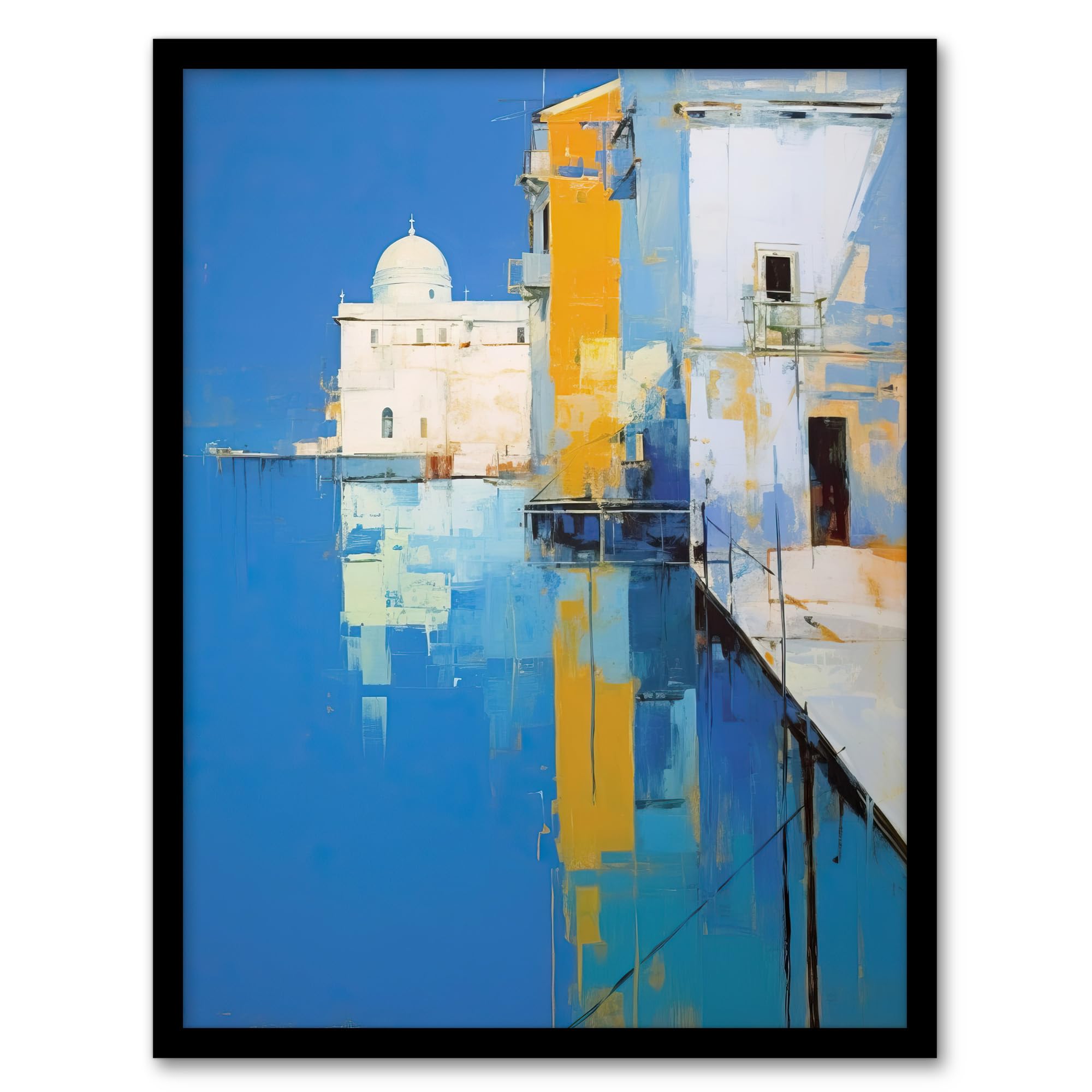 Wee Blue Coo Reflections Of Venice Oil Painting Blue Orange Abstract Santa Maria della Salute Coastal Artwork Framed Wall Art Print A4