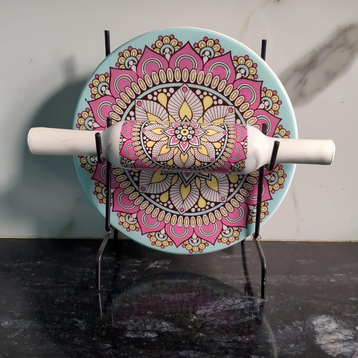Marble Roti Maker with Wooden Belan Enamel Print/White Marble Chakla 10 Inch Diameter with Belan (Printed Enamel Chakla Belan) (Multicolor 2)-image-34