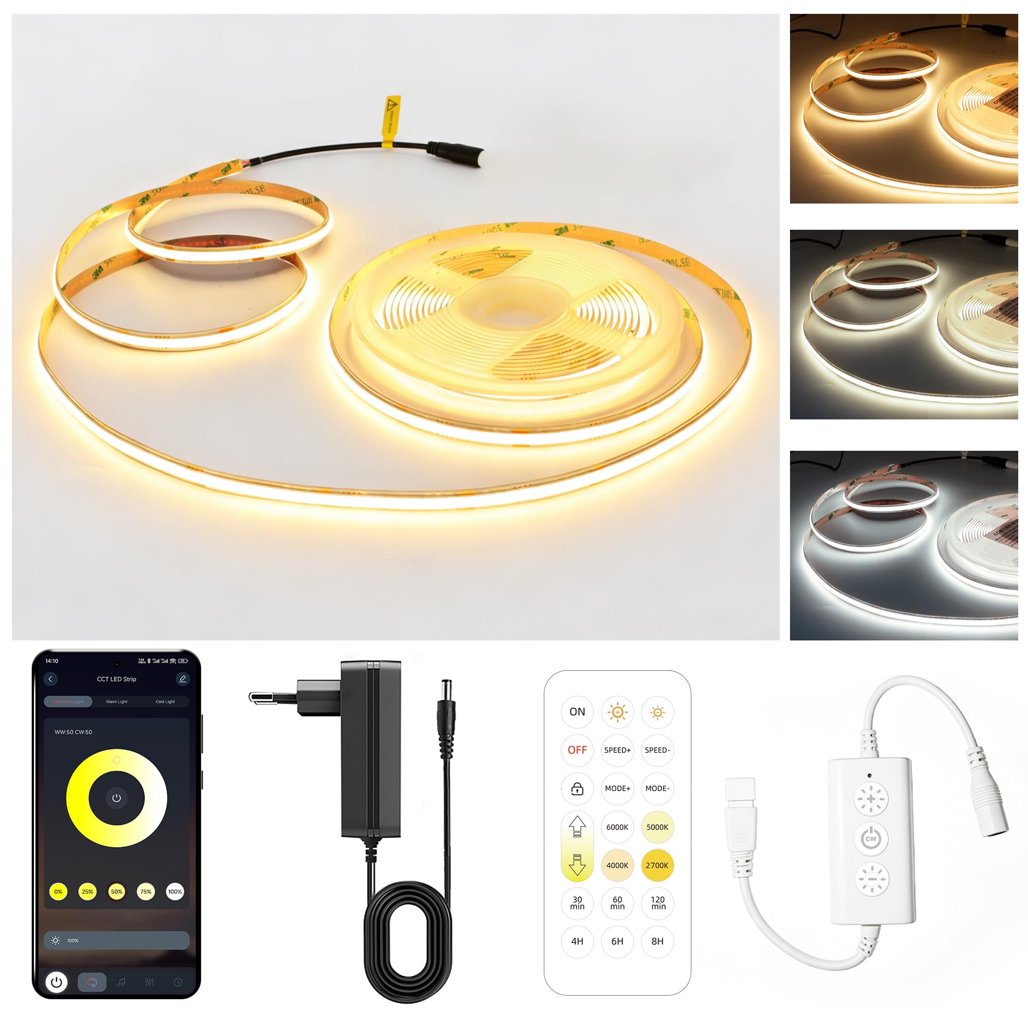 AXMOTUT LED Strip 5M CCT, Bluetooth CCT COB LED Streifen mit APP & Fernbedienung, Musik Sync, Dimmbar 2700K-6500K Farbwechsel Lichtband, Selbstklebend LED Beleuchtung für Zimmer, Schlafzimmer