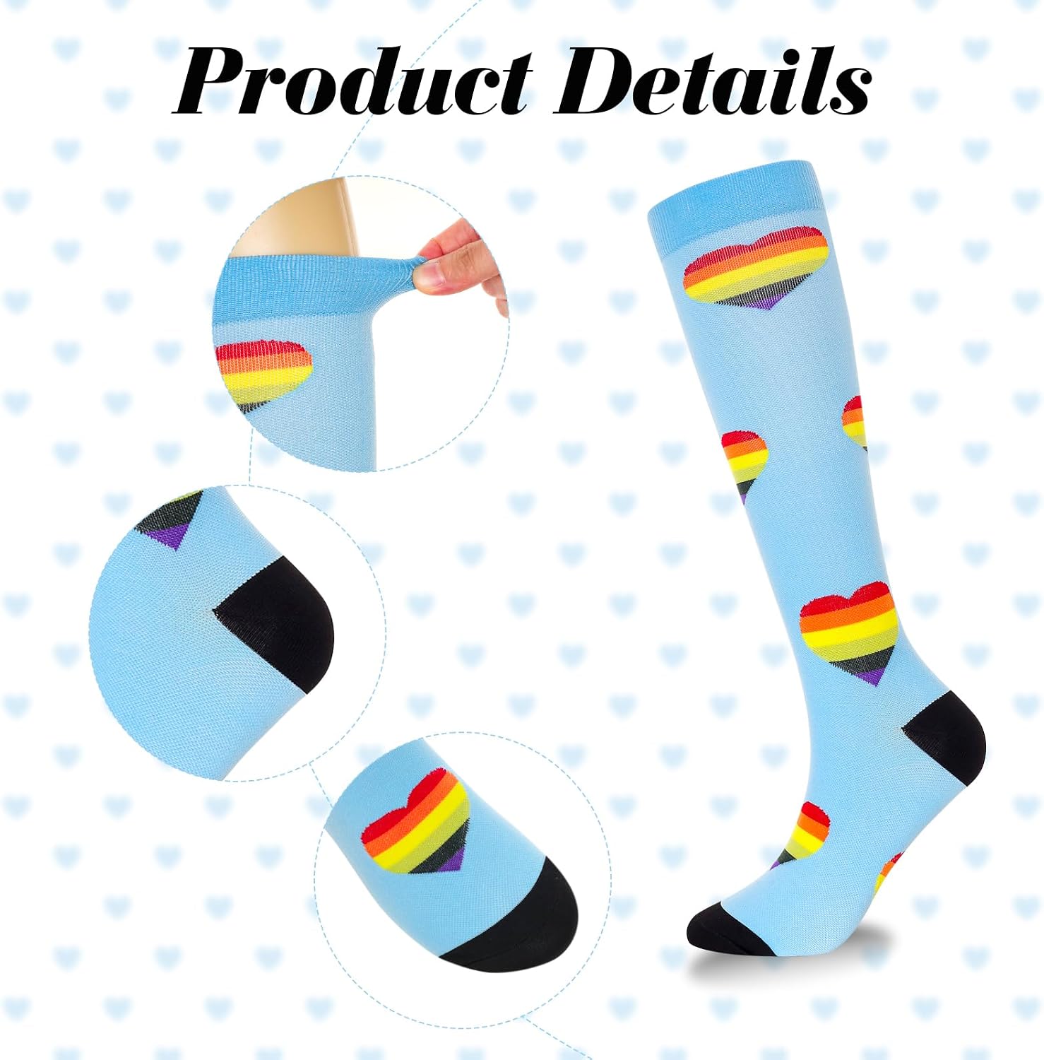 3 Pairs Compression Socks for Women Men Rainbow Heart Pattern Knee High Support Socks for Nurse Pregnant Athletic Running Travel Daily Wear
