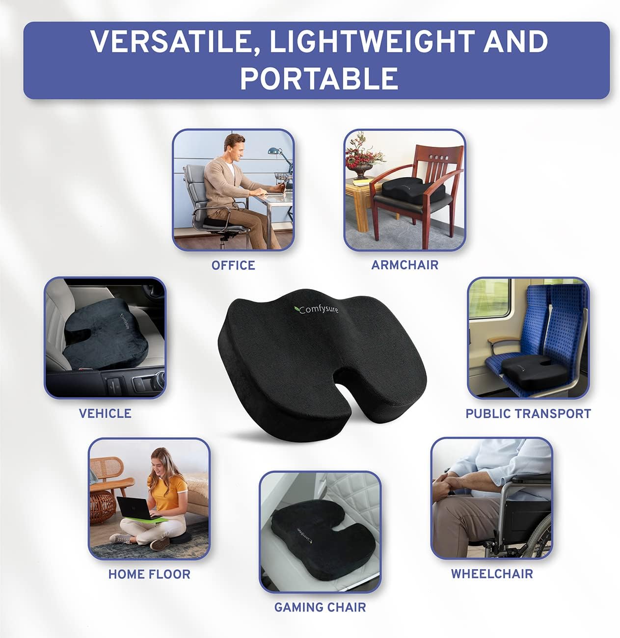 Memory Foam Seat Cushion - Tailbone Pain Relief Cushion, Non-Slip Sciatica Pain Relief Pillow - for Office Chair, Car, Wheelchair, Computer, Desk Chair - Coccyx, Lower Back Support (Black)