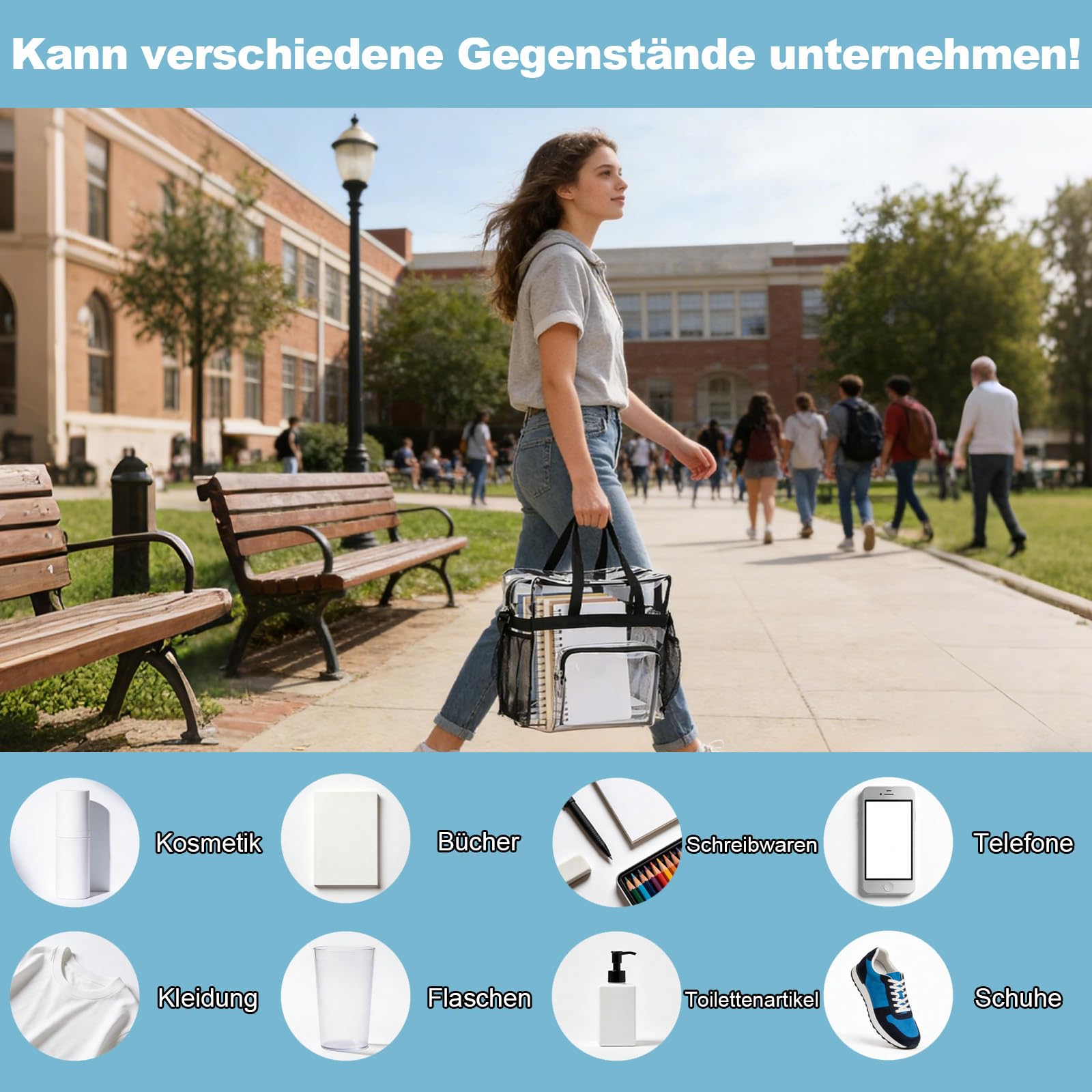 Borsa trasparente, 28 x 13 x 27 cm, trasparente, per lavoro, palestra, concerti e competizioni sportive