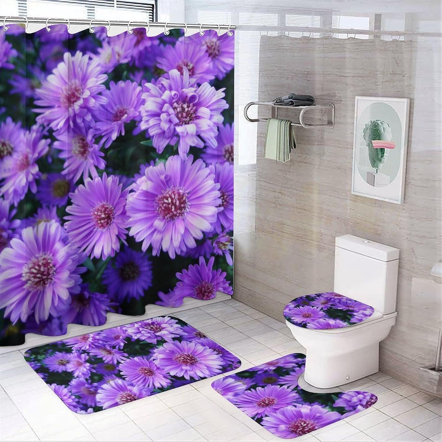 Rideau de douche rétro chic et accessoires fleuris pour salle de bain estivale
