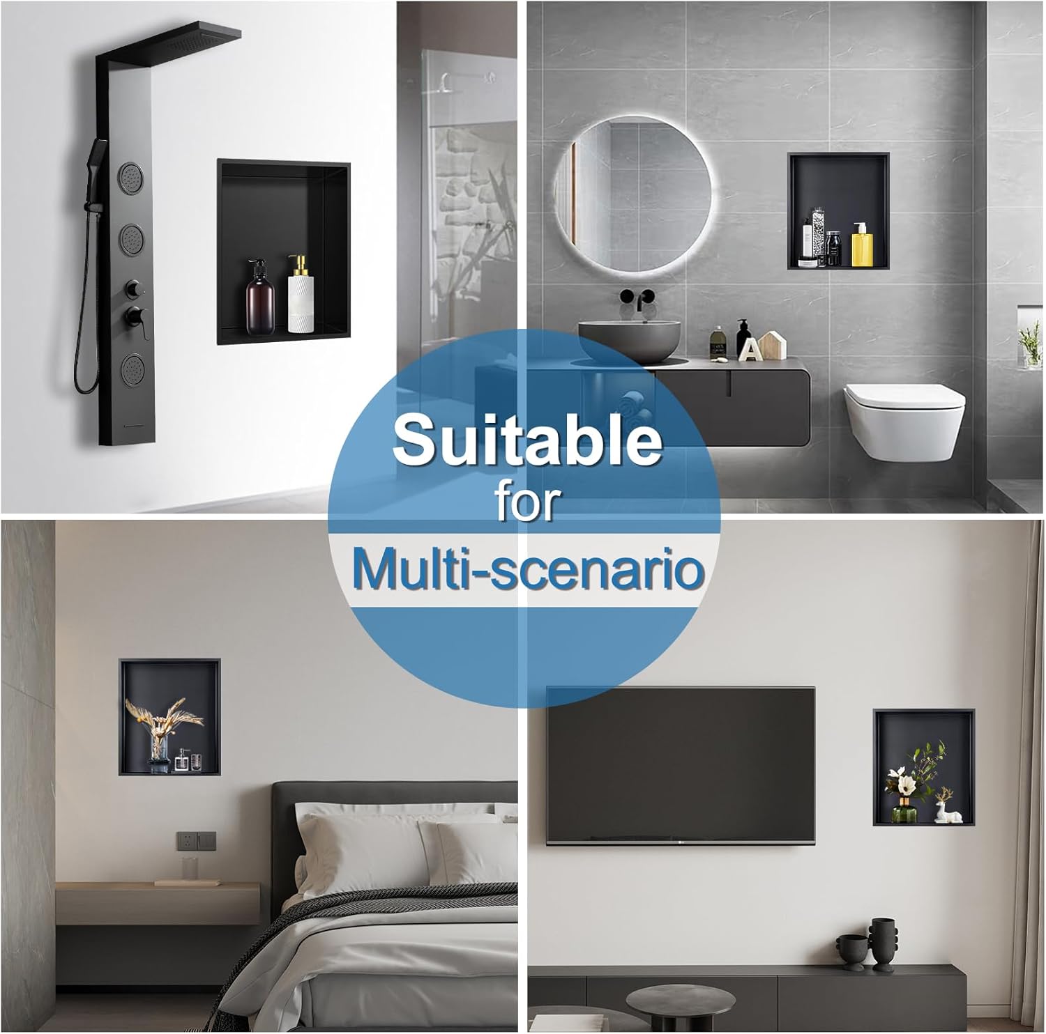 BWE 12" X 14" Stainless Steel Shower Niche,Rimless Recessed Wall Niche for Bathroom, No Tile Needed,Black Shower Niche for Bathroom Storage Over Mount Installation