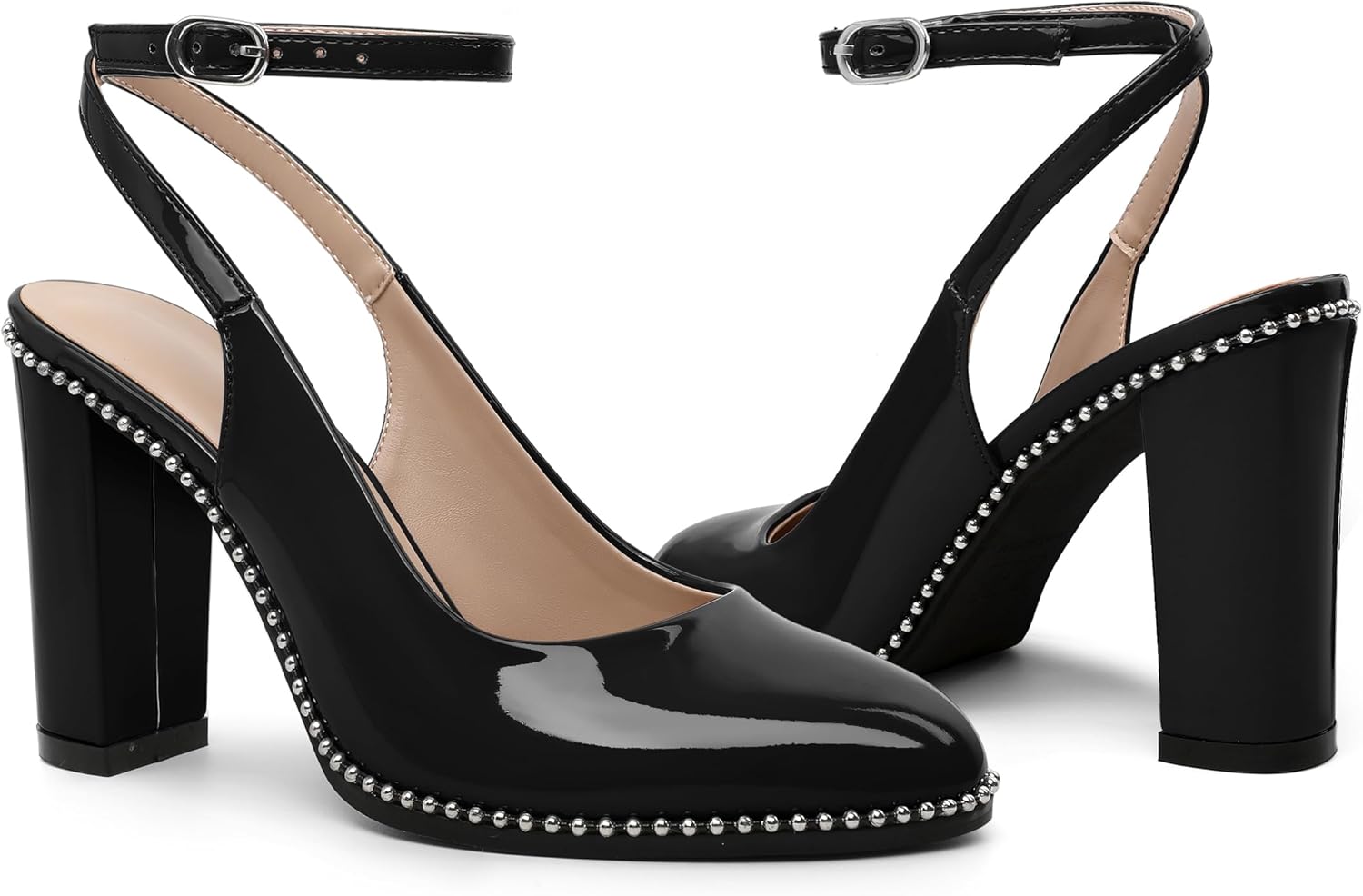 Mettesally Women's Slingback Heels Ankle Strap Round Toe Chunky Block High Heel Beaded Pumps Dress Shoes 3.5 Inches