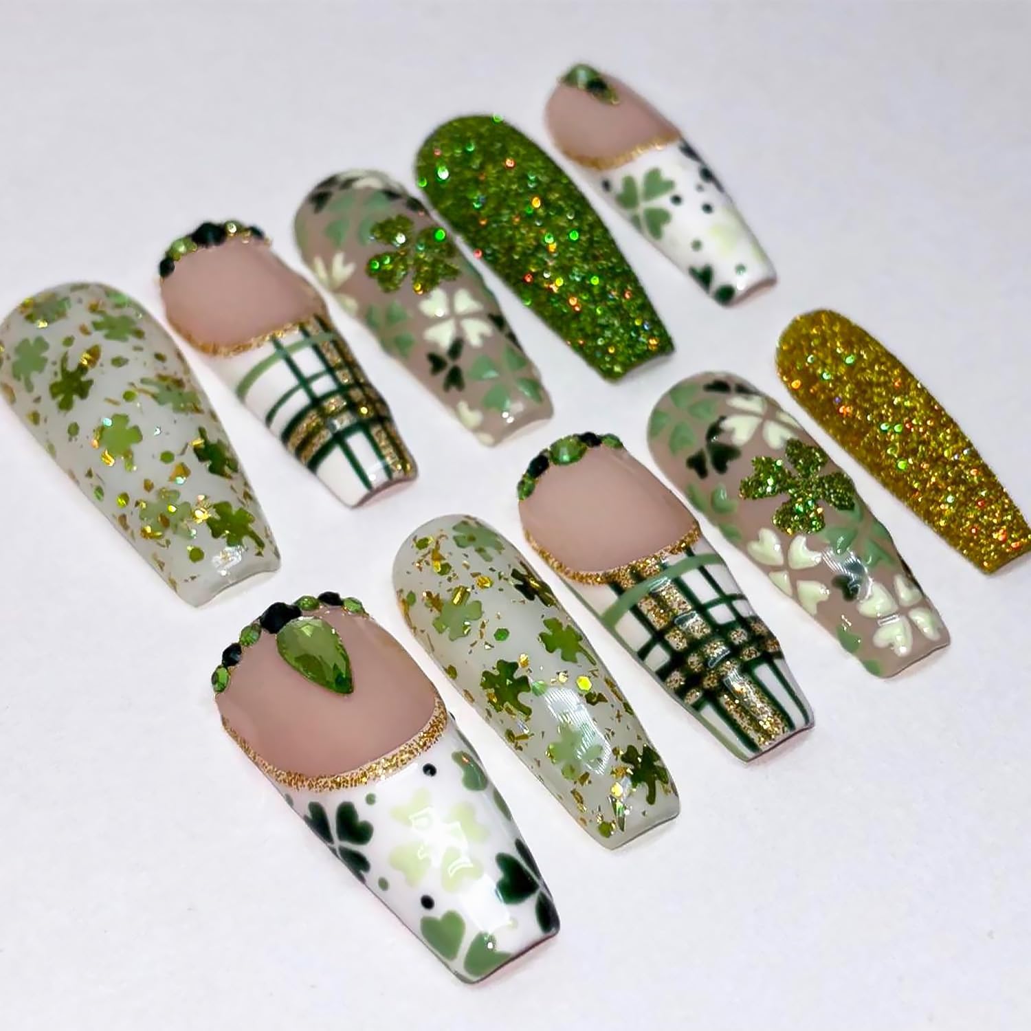 24Pcs St Patricks Day Press on Nails Long Square French Tip Fake Nails Irish Shamrock False Nails with Gold Green Glitter Design Glue on Nail Green Gems Artificial Stick on Nails Full Cover for Women
