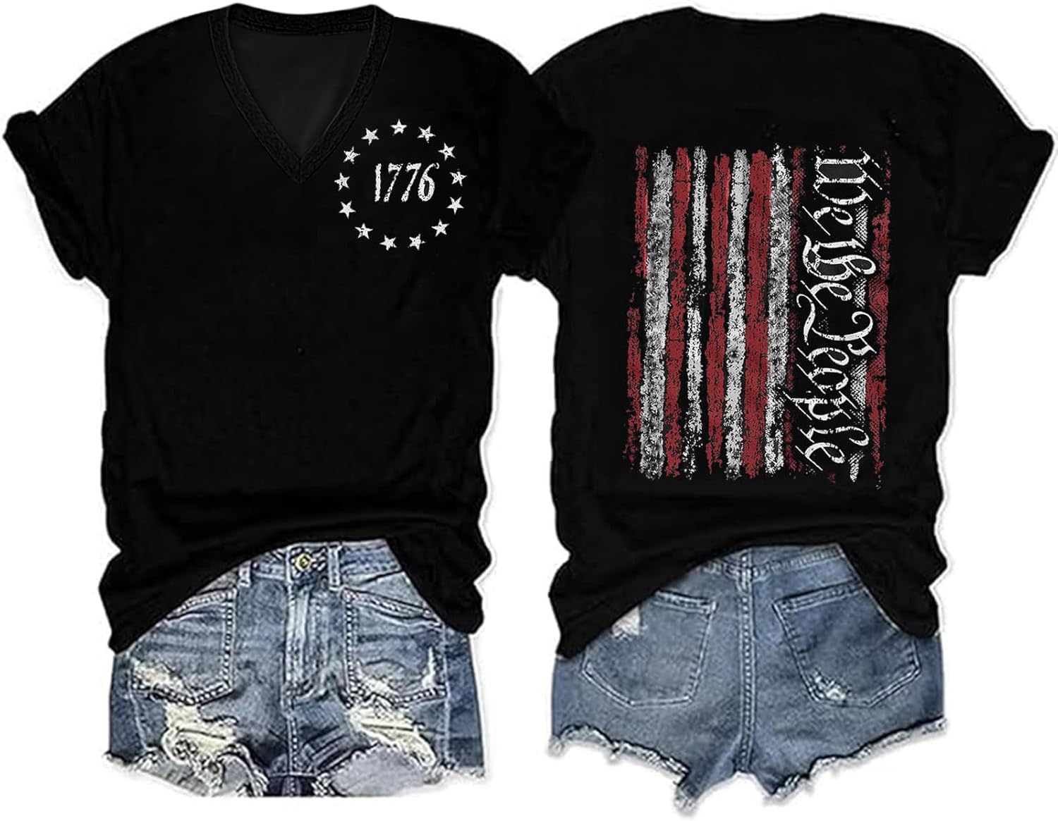 Womens American Flag 2 Sided V-Neck T Shirt 4th of July Patriotic Graphic Short Sleeve Top Casual Summer Tee