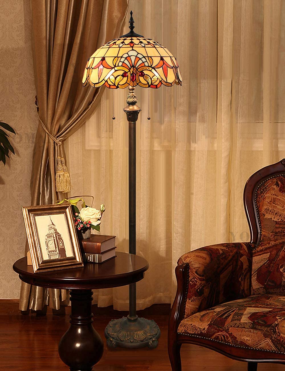 Five Liters 16-Inch European Baroque Floor Lamp Living Room lamp Stained Glass Crystal Living Room Bedroom Villa Bar Study Classical Personality Colored Glass Decorative Floor Lamp, 61" Height