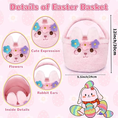 Miniatura 5 de Cesta de Pascua – Cestas de Pascua para niños, cestas de conejo de Pascua de felpa rosa, cesta de Pascua para niñas vacía, bonita cesta de conejo