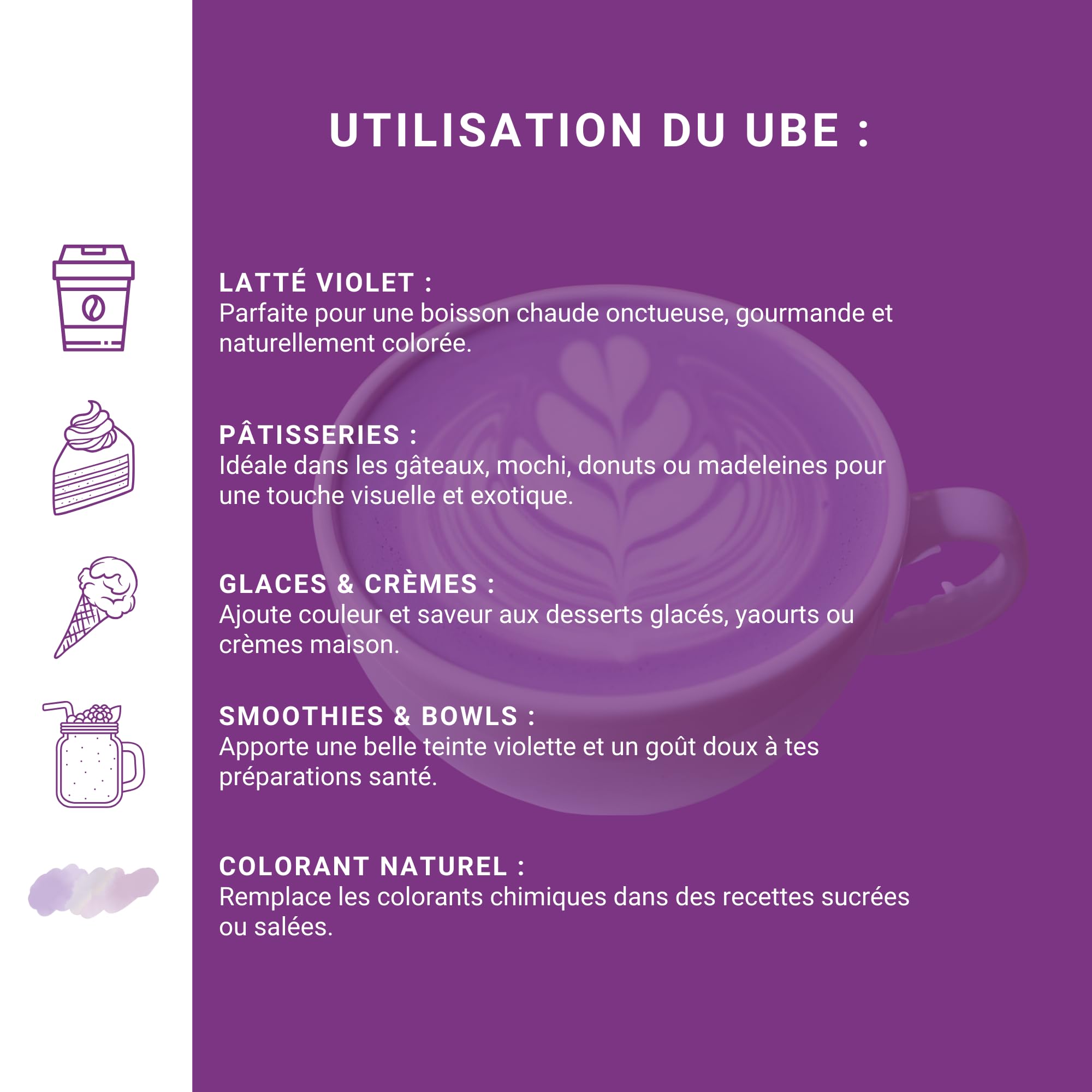 UBE POWDER SHOP – Certyfikowany proszek Ube Premium 100% naturalny – Fioletowy batat z Filipin – Superfood wegański | Do kawy latte, deserów, lodów, wypieków i napojów – Saszetka 100 g