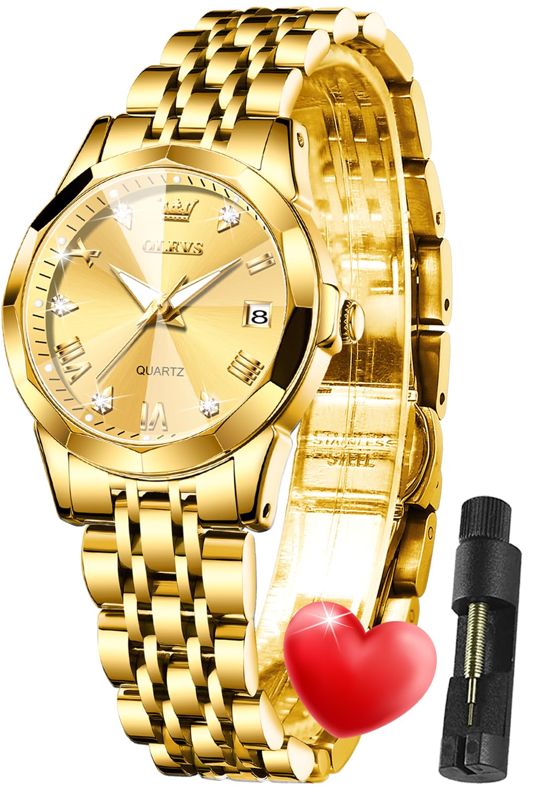 OLEVS Damen Uhr Quarzuhr mit Diamant Edelstahlarmband Wasserdicht Datumsanzeige Elegante Damenuhr für Frauen Geschenke zum Muttertag