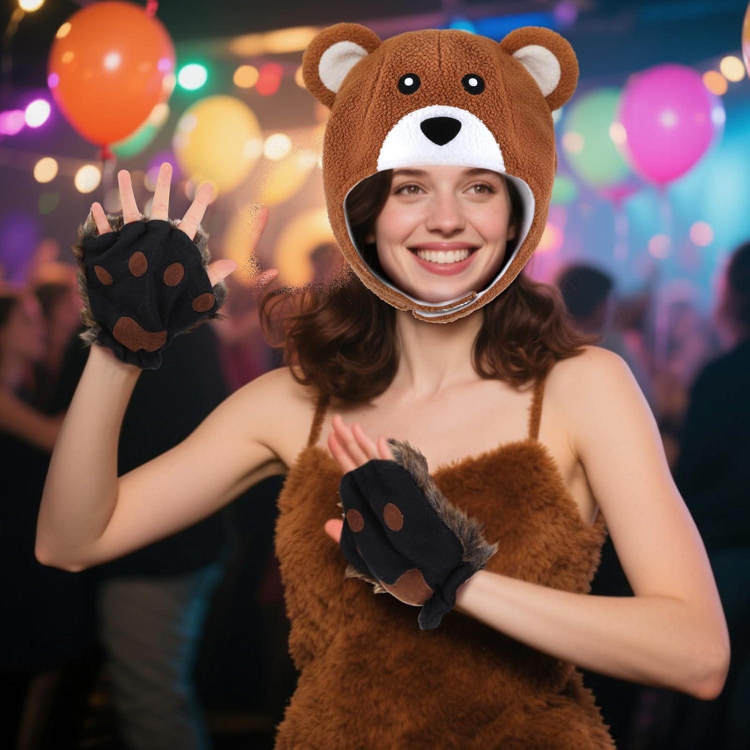 Zoooyawn 3 Pcs Brown Bear Halloween Costume Set Plush Brown Bear Hat with Ear Flaps Faux Fur Fingerless Paws Gloves with Elastic Wristbands for Adult Halloween Cosplay Party Outfit Decoration Supplies - Image 6