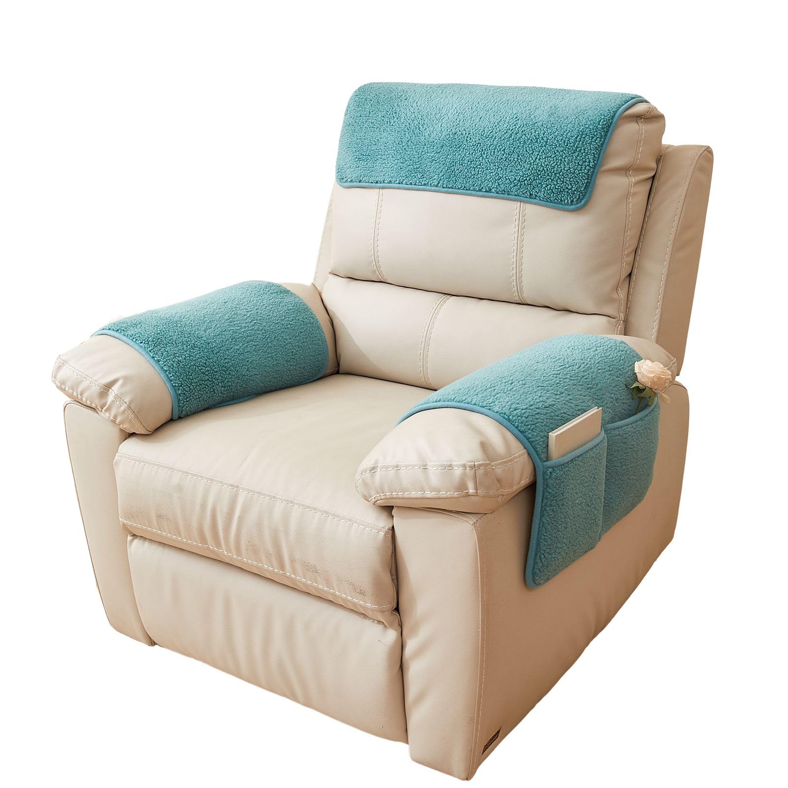 Huierxun 3-Piece Sherpa Fleece Recliner Chair Slipcover With Storage Pockets - Soft Fuzzy Fluffy Nonslip Washable Headrest and Armrest Covers (Teal, 1 Seat Recliner)