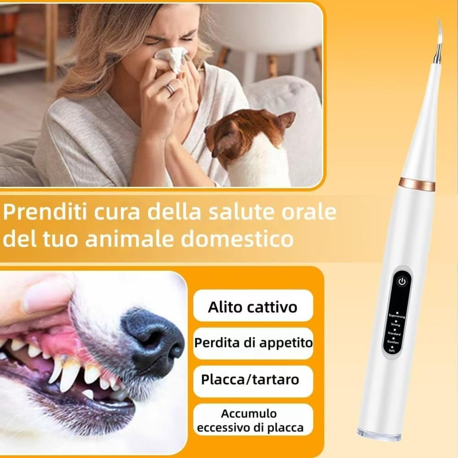 ZampaDent Dispositivo Professionale per la Pulizia Dentale del Cane-Kit Pulizia Denti per Cani e Gatti, 5 Modalità, per Tartaro Dentale, Alito Cattivo, Gengivite (Bianco)