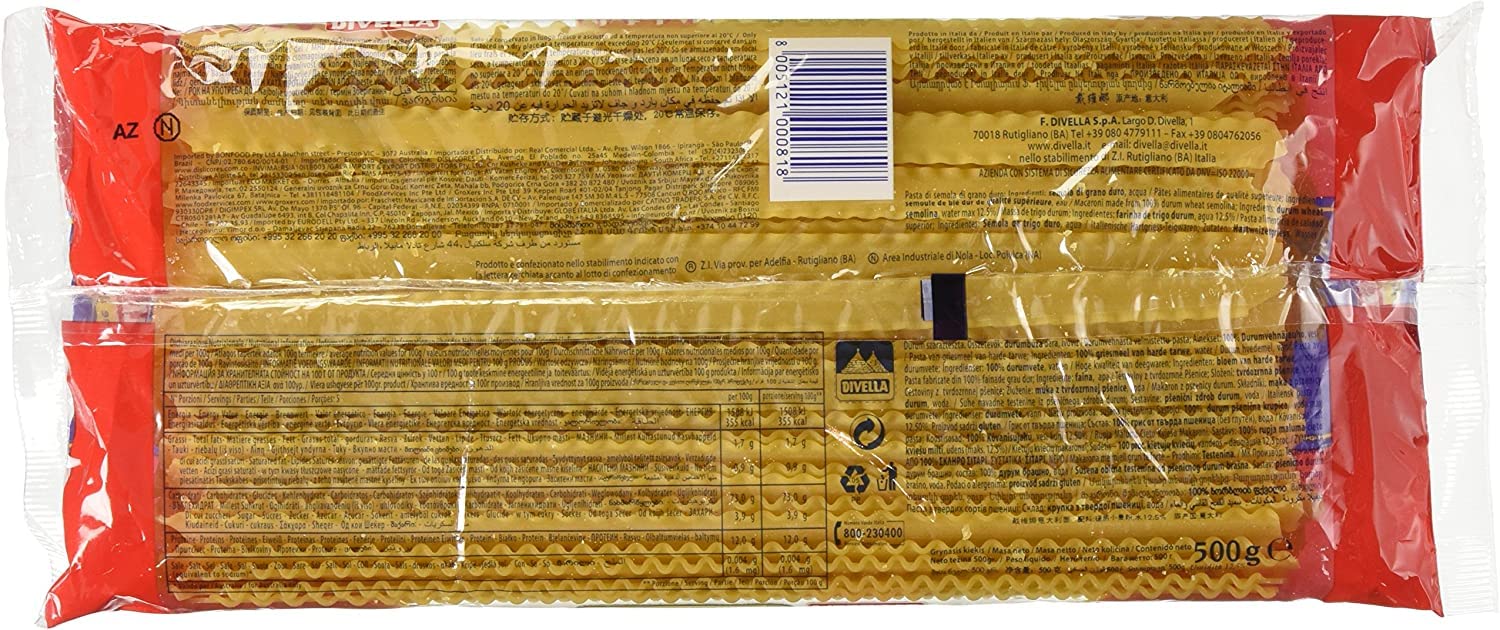 20 pastas Divella 100% Italiano N° 81 Mafaldine 500 gr