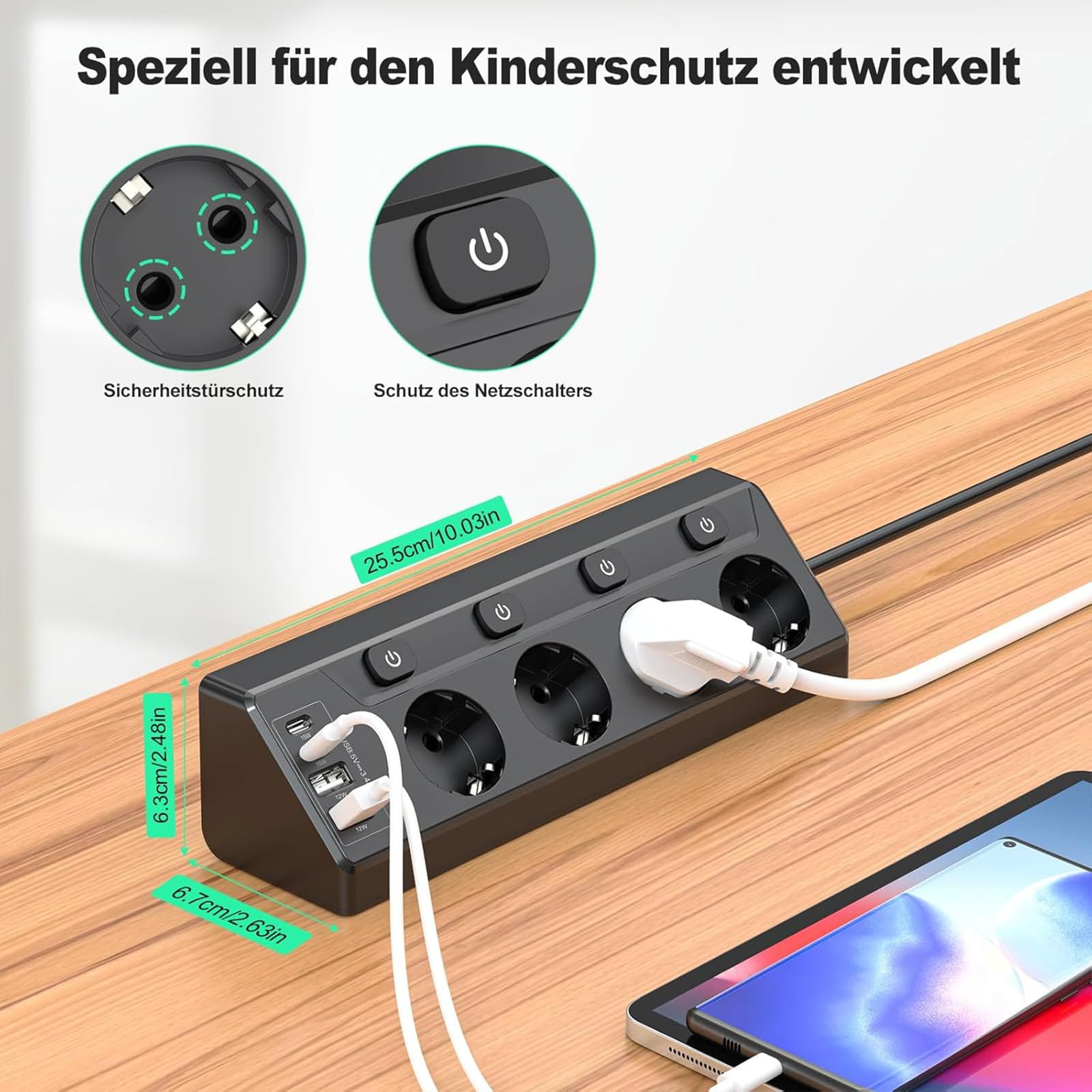 Listwa zasilająca z 2 gniazdami USB A i 2 typu C, 4 gniazda, pojedynczy przełącznik, listwa zasilająca z przedłużaczem 2 m, do biurka, narożniki, czarna