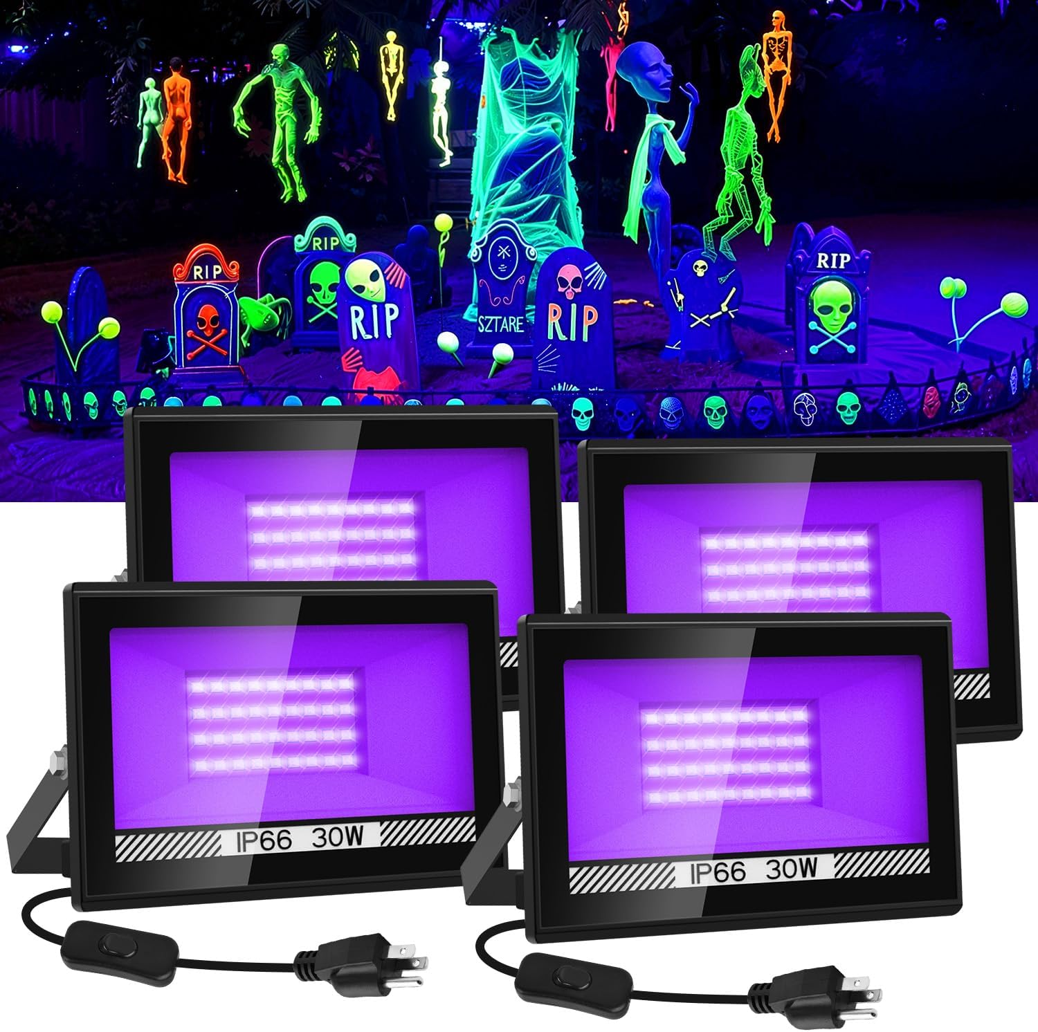 30W Black Lights, 4 Pack LED Blacklight Flood Light with Plug, IP66 Waterproof Black Lights for Glow Party, Glow in The Dark, Stage Lighting, Body Paint, Fluorescent Poster, Neon Glow
