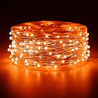 Vista 2 de RUICHEN Guirnalda de luces LED con cable plateado de 99 pies, 300 luces LED con carrete, color naranja