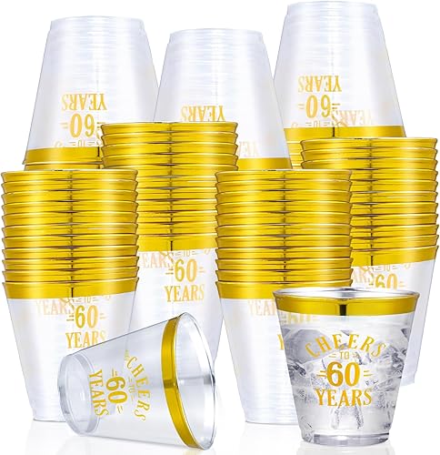 100 vasos de plástico transparente de 9 onzas, vasos de plástico transparente desechables para cumpleaños de 60 años, regalos de fiesta de cóctel,