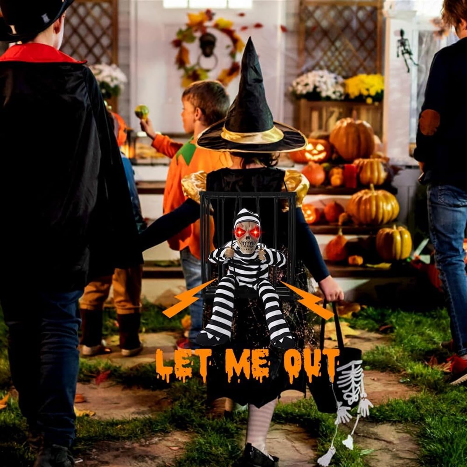 Krzyczące Animowane Wiszące Dekoracje Na Halloween Na Zewnątrz W Pomieszczeniu Straszny Szkielet Klatka Więzień Wiszący Rekwizyt Ze Strasznym Dźwiękiem Czujnik Dotykowy Podświetlane Oczy Wystrój