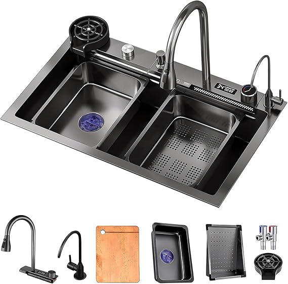 Black Grey Kitchen Bar Sink with Waterfall Faucet Drinking Tap Drain