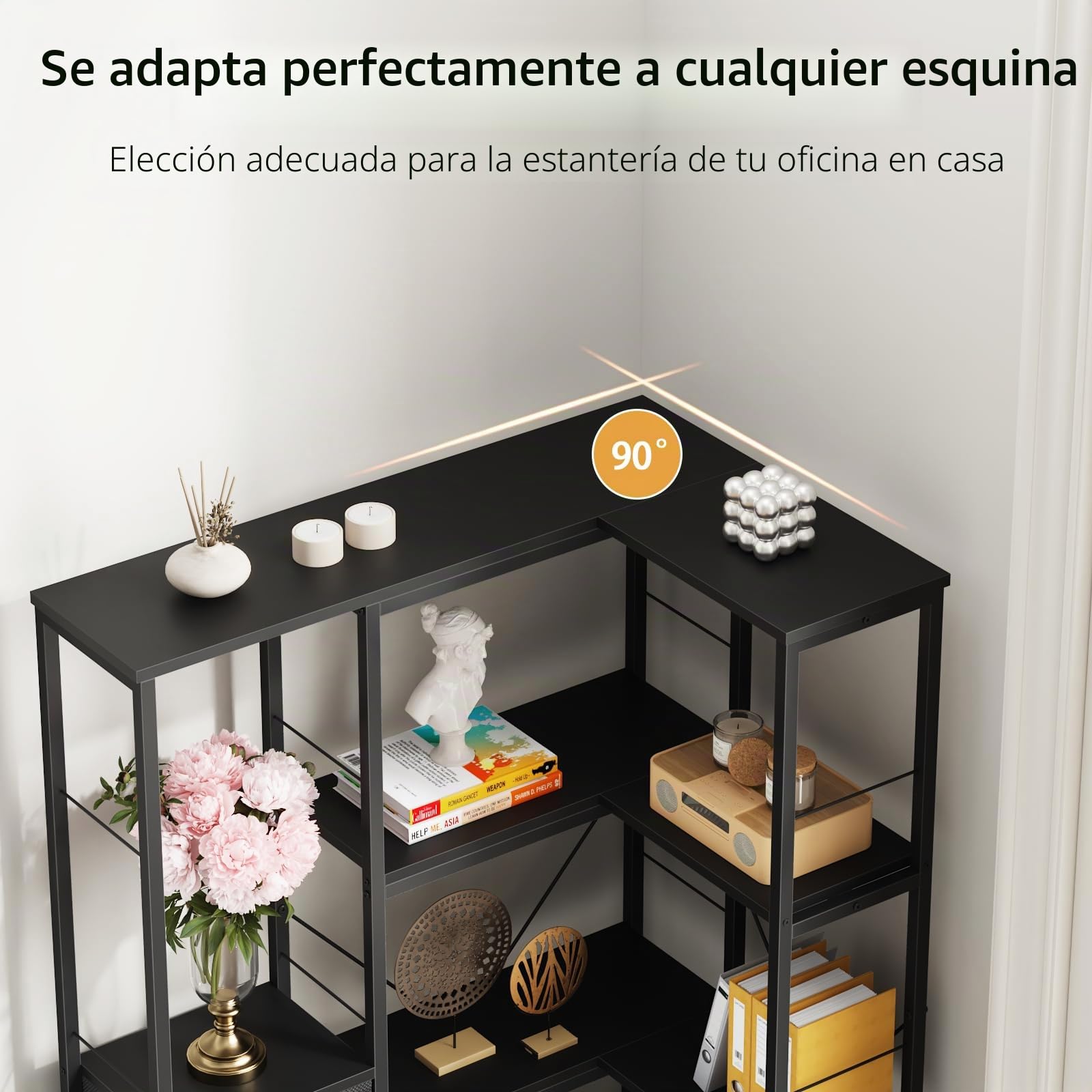 Estanteria Esquina con Iluminación LED, Estanterias Almacenaje de 5 Niveles con 4 Cajones de Tela, Estanteria Libros, Estanteria para Sala de Estar, Dormitorio, Oficina, Negro