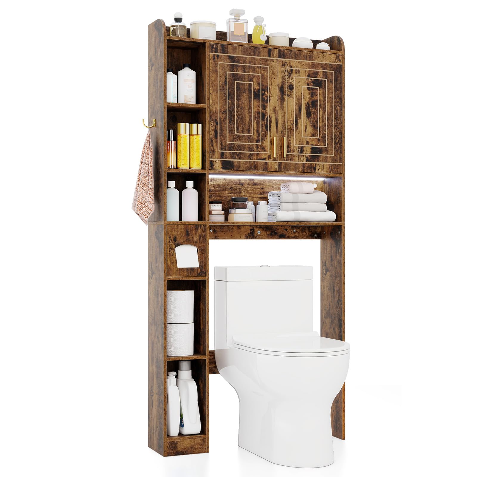 COSTWAY Mobile da Bagno Sopra WC, Scaffale Salvaspazio con Armadietto a 2 Ante, 6 Scomparti Aperti, Porta Fazzoletti, Gancio e Ripiano Regolabile, Mobiletto per Bagno e Lavanderia (Marrone)