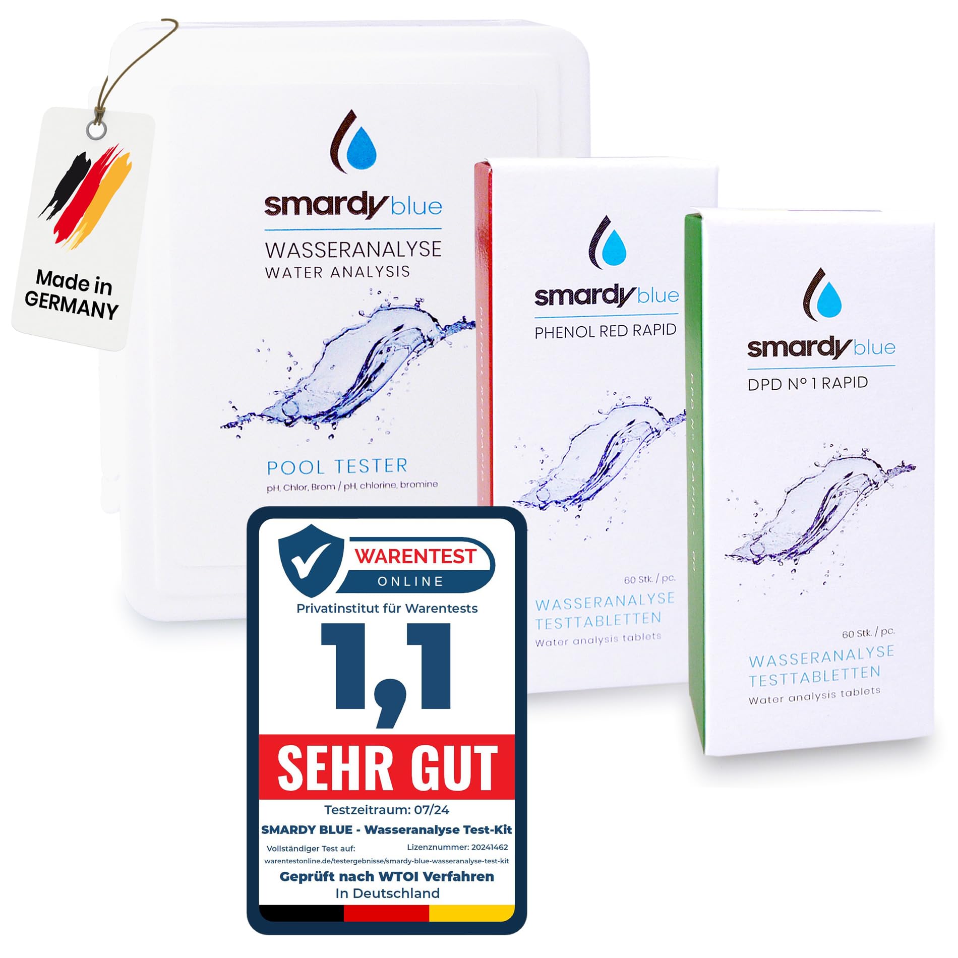 smardy Probador Kit - 240 Pastillas de Prueba Rápida para Agua Potable, Acuario, Piscina - 120 Phenol Red (Valor de PH) y 120 DPD1 (Cloro libre, Bromo) & 1x Medidor de Agua & Caja de Almacenamiento