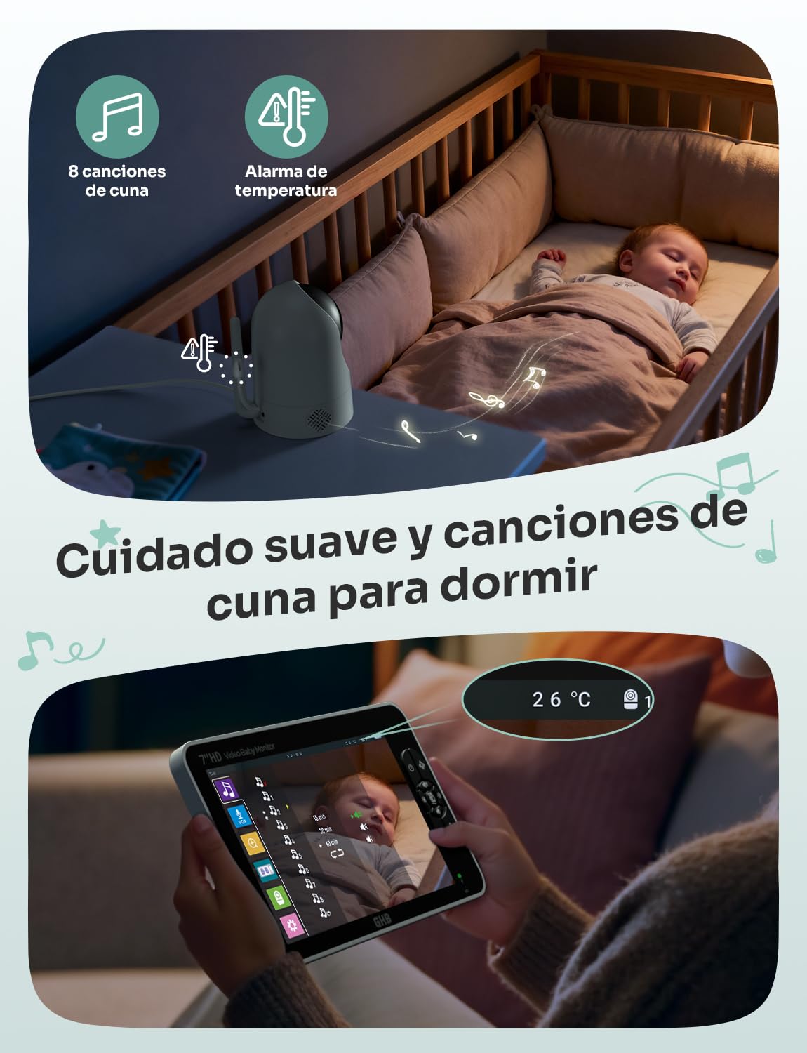 GHB Camara Vigilacia Bebe 7 Pulgadas IPS 1080P Pantalla Duración 168 Horas Batería de 4000mAh Vigilabebes Soporta 2 Cámaras 4×Zoom, Comunicación Bidirecciona Escucha Bebe