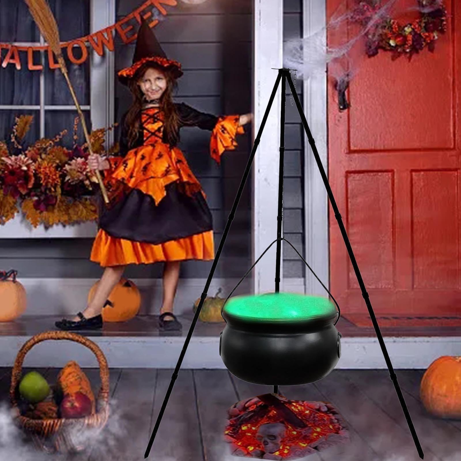 Chaudron De Sorcière Halloween - 130 X 20 Cm - Plastique Noir Avec Trépied Et Lumières - Décoration Extérieure Épouvantable - 2