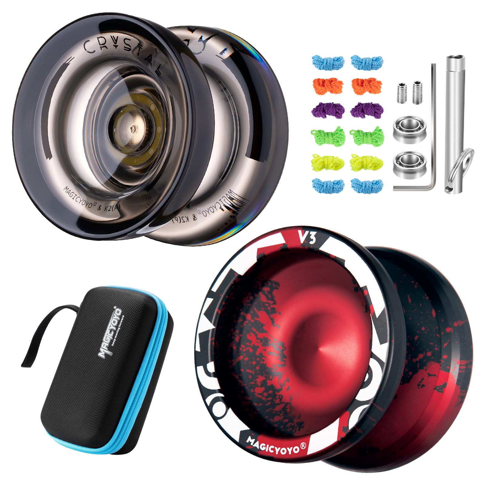 MAGICYOYO V3 Responsive Yoyo for Beginner, Plastic Crystal Yoyo K2, Dual Function Professional Yo-yo Pack and Trick Yo Yo with 12 Yo yo Strings, Case Bag, Yoyos Accessory Kit (V3 Black Red + K2 Black)
