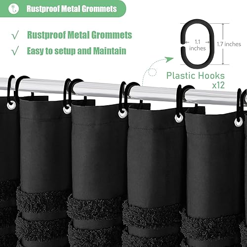 Miniatura 6 de Dynamene Cortinas de ducha extralargas, 84 pulgadas de largo, cortina de ducha de tela de felpilla texturizada a rayas, juego de cortina de ducha de