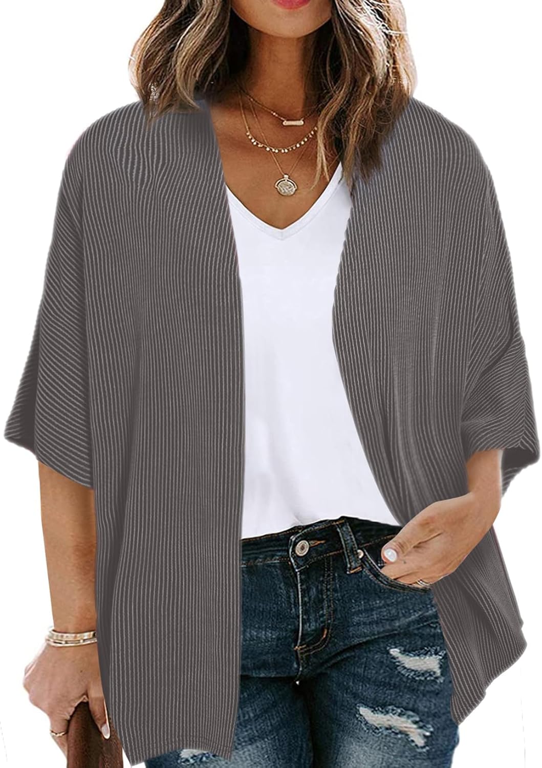 Eytino Women Plus Size Lightweight Cardigan Half Sleeve Ribbed Knit Kimono Cardigans Tops(1X-5X)