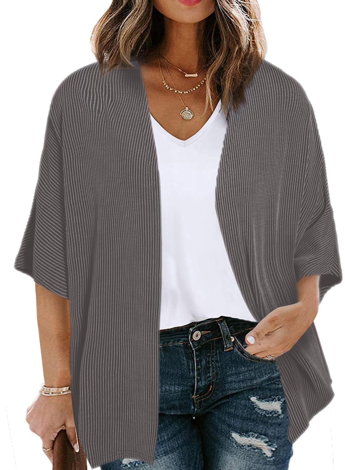 Eytino Womens Plus Size Cardigan Casual Short Sleeve Waffle Knit Kimono Open Front Tops(1X-5X)