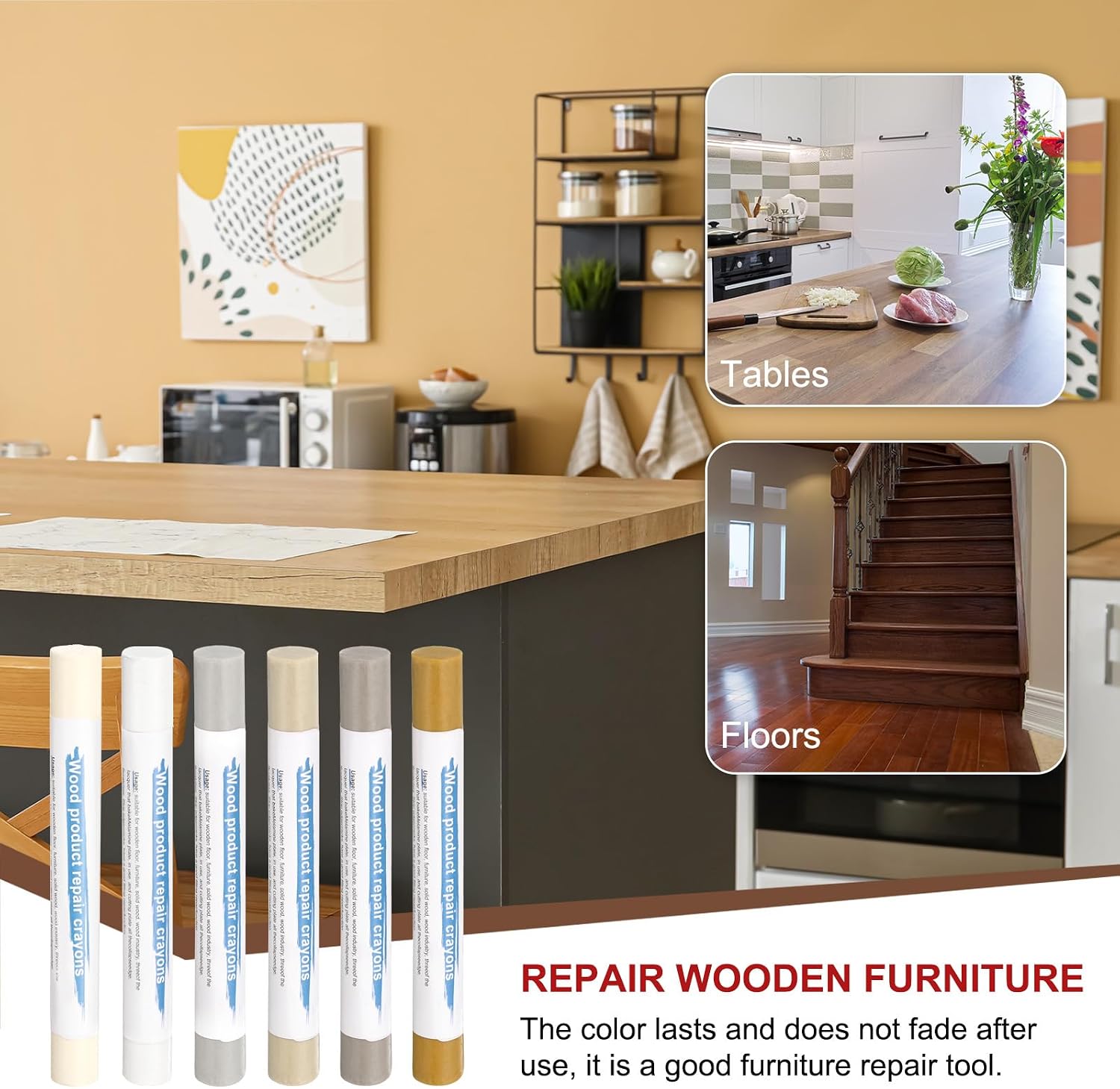 HARFINGTON Wood Filler Sticks 6 Colors Wooden Wax Touch Up Furniture Repair Crayons for Scratches, Scuffs, Cracks, Nail Holes, Cover Ups on Floor Tables Doors Frames Cabinets, White Series