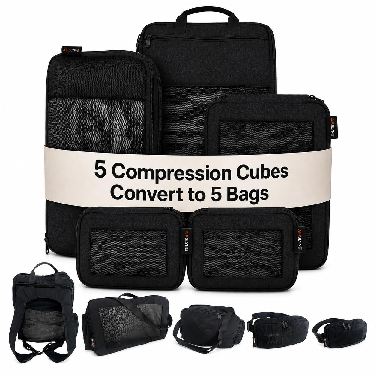 Switcheroo™ by AirSlyng: 5 compression packing cubes that convert into 5 bags—backpack, b…