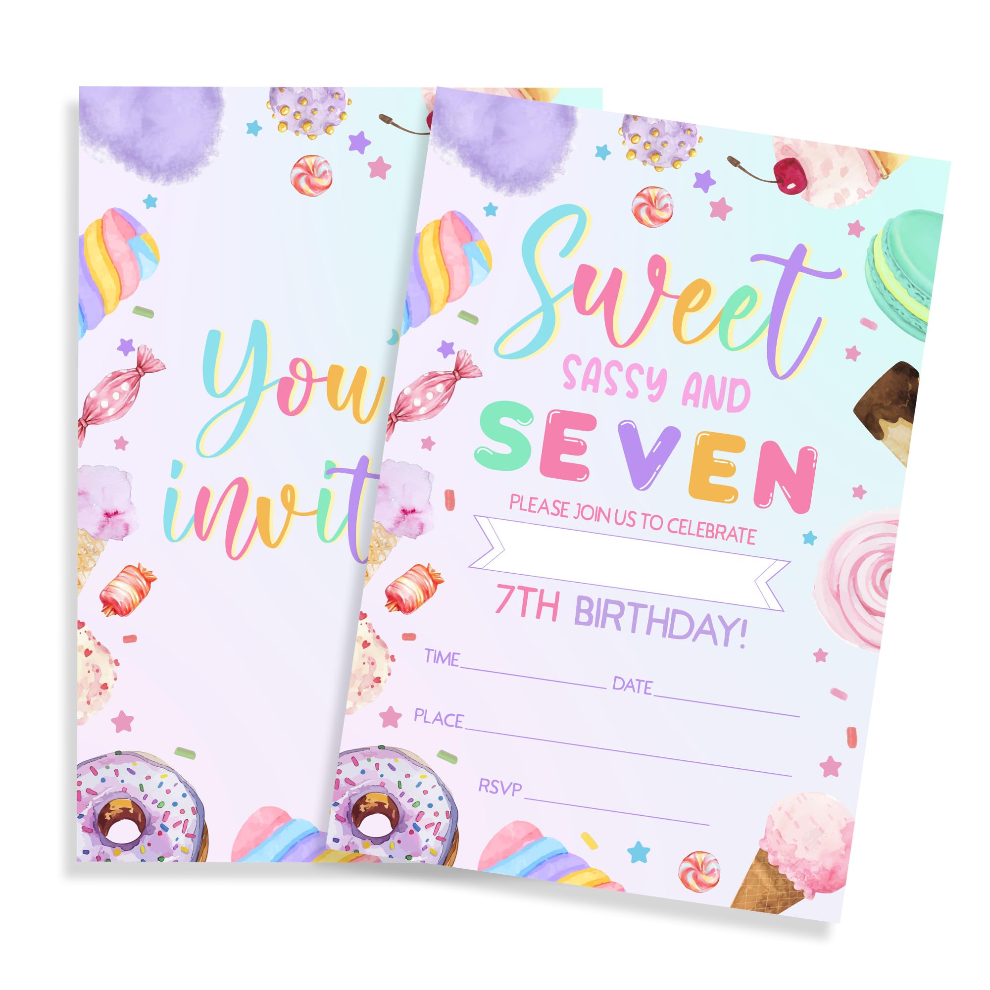 FRRCREU 7th Birthday Invitations - Sweet Sassy And Seven - 20 Pcs Double Sided Colorful Donuts Invites With Envelopes For Boys Girls Birthday