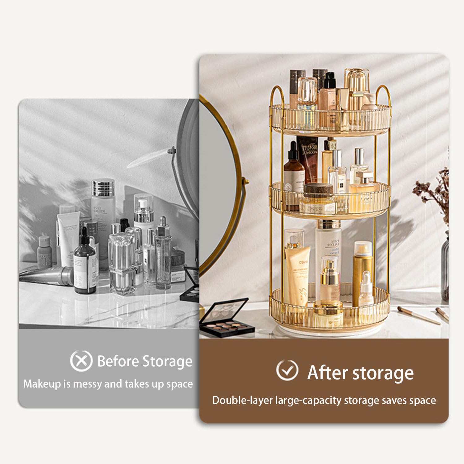 Wolfive 2-layer bathroom counter organizer, large capacity 360° rotating makeup table storage rack, lipstick and skin care storage rack, for bedroom, bathroom, kitchen and other storage(Dark green-2)