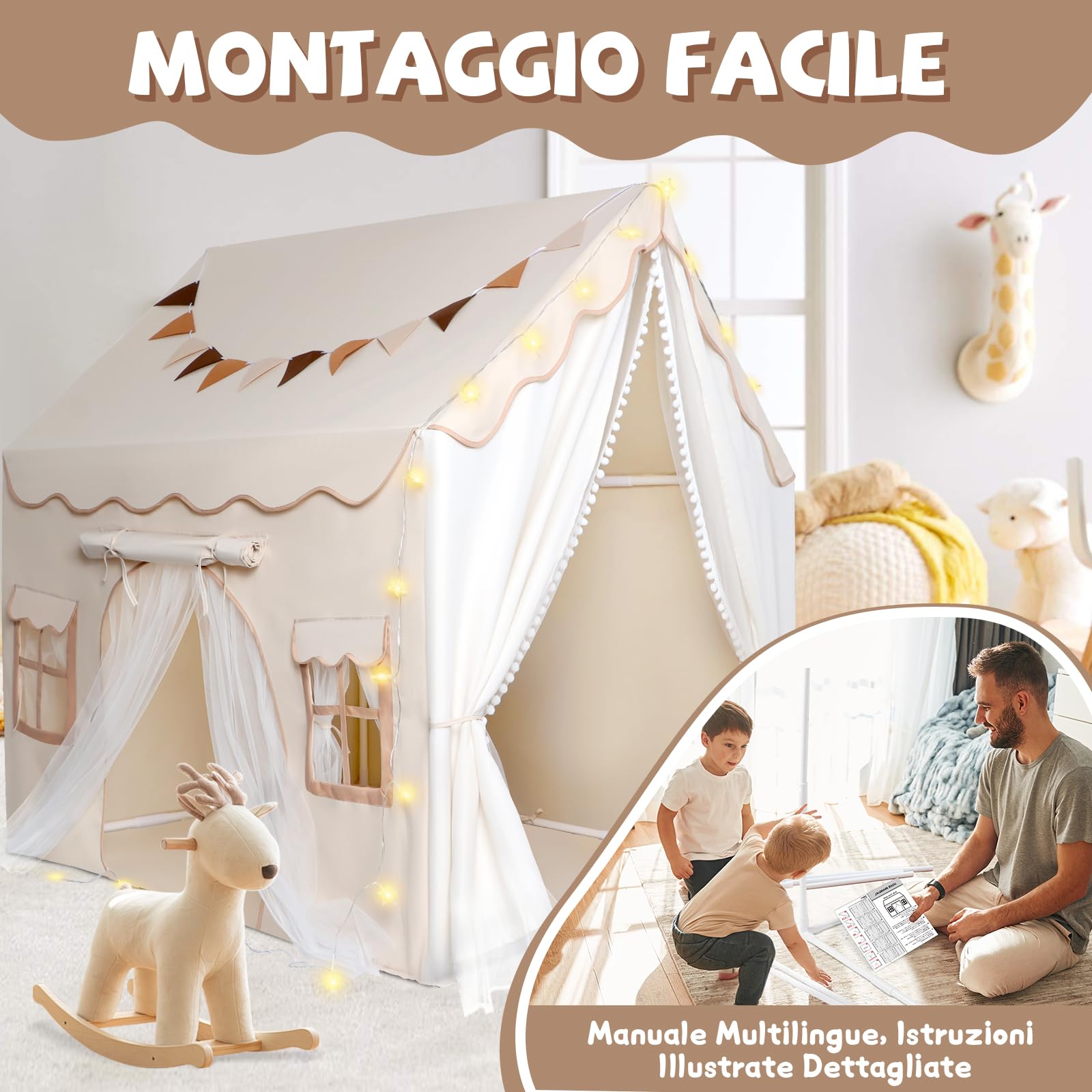 Herenear Tenda per Bambini con 2 Porte, Tenda da Gioco per Bambini Interni Esterni con Sottotenda e 2 Finestre, Cameretta Letto con Luci e Bandierine, Casetta Tenda Regalo