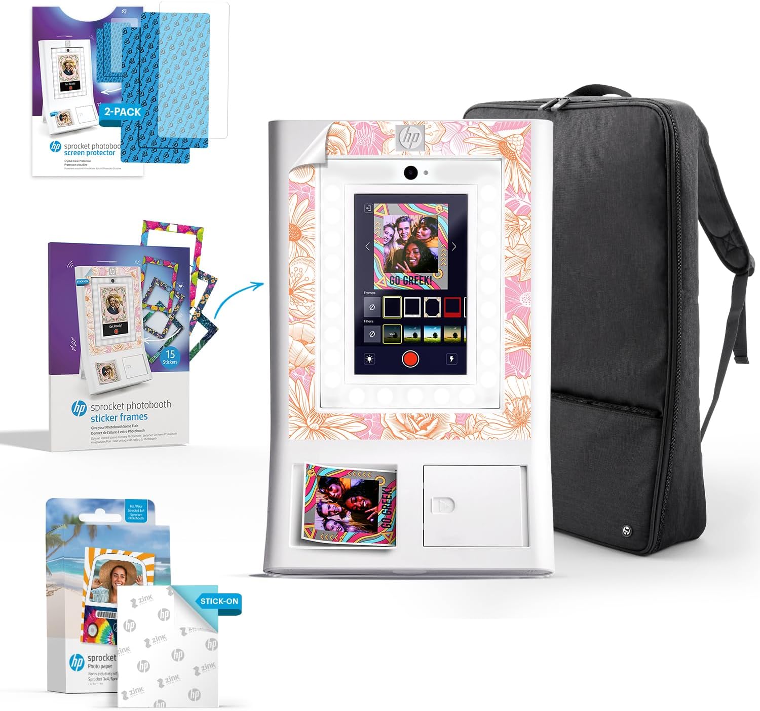 HP Sprocket Photo Booth Machine Instant Color Photo Printer (White) Gift Bundle + Zink Paper (100 Sheets) + Padded Carrying Case + Premium Screen Protector (x2) + Decorative Sticker Frames (x15)