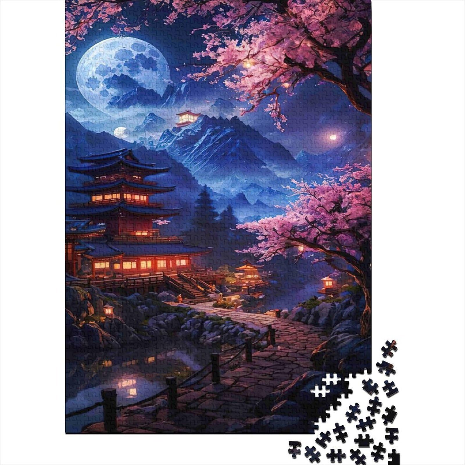 Cherry Blossom Moonlit Building 1000 Piece Jigsaw Puzzle Paperboard for Adults Tranquil Scenery Full Detail Wall Art Decor Stress Relief Activity