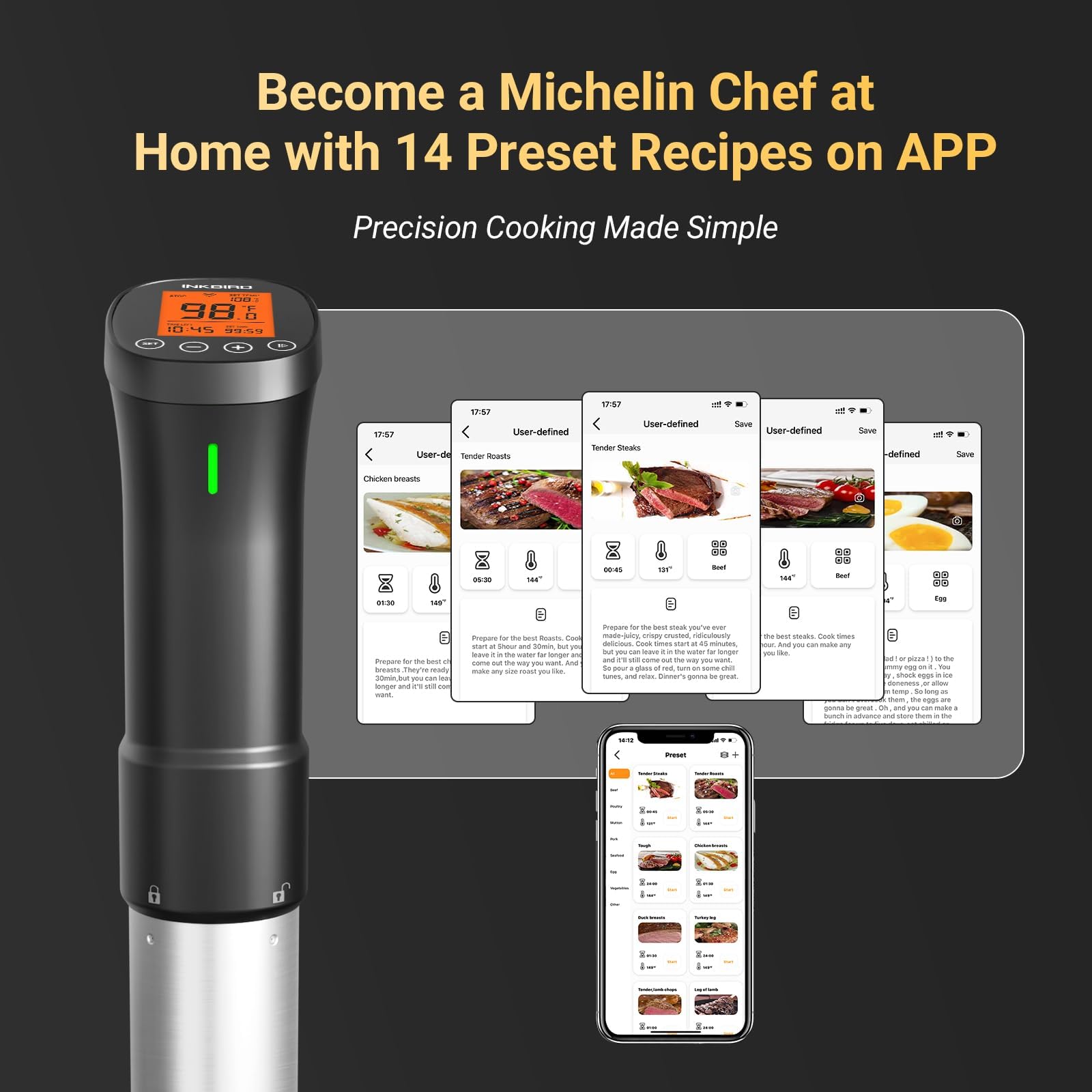 INKBIRD 2.4G Wifi Sous Vide Cooker ISV-200W, 1000W Sous Vide Machine, Remote Control Immersion Circulator with APP Recipes Timer Alarm Mobile Notification 3D Water Heating Ultra-Quiet