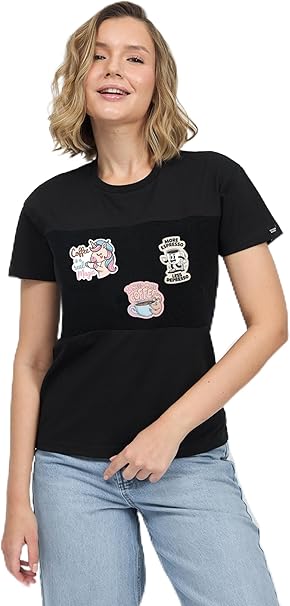 Black Velcro Patch Shirt for Women - M with Coffee Sticker Set, Customizable Velcro Patch Area for Coffee Enthusiasts
