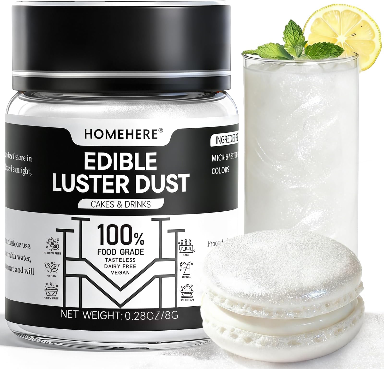 HomeHere Edible Luster Dust Food-Grade Glimmer Powder Glitter for Cake Decorating 8g, Edible Sprinkle Glitter for Cocktails Drinks Baking Candy Dessert Chocolate Vegan Tasteless