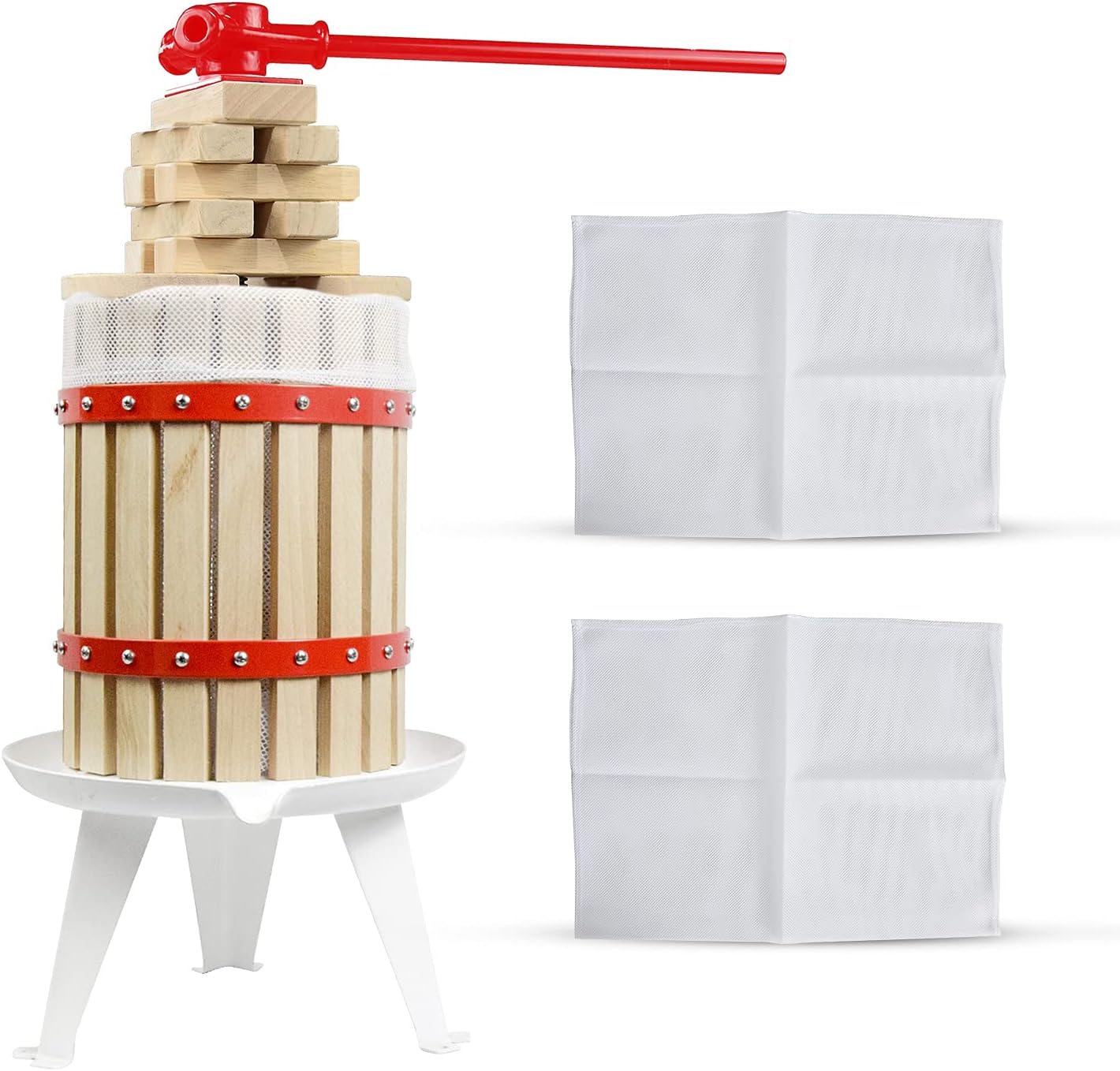 4.75 Gallon Fruit Wine Press with 2 Pack Filter Bag - 100% Nature Apple&Grape&Berries Crusher Manual Juice Maker for Kitchen, Solid Wood Basket with 8 Blocks Heavy Duty Cider Wine Making Press